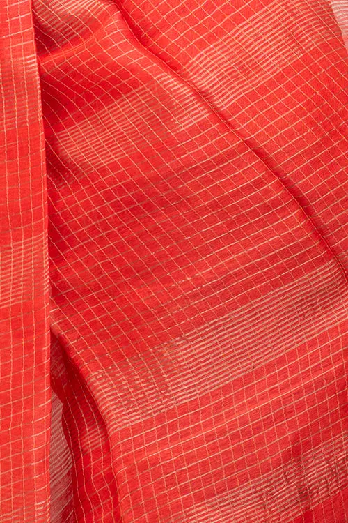 Graceful Elegance. Soft Bengal Handwoven Linen Silk Zari Sari - Deep Orange & Gold