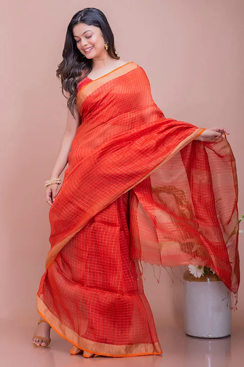 Graceful Elegance. Soft Bengal Handwoven Linen Silk Zari Sari - Deep Orange & Gold