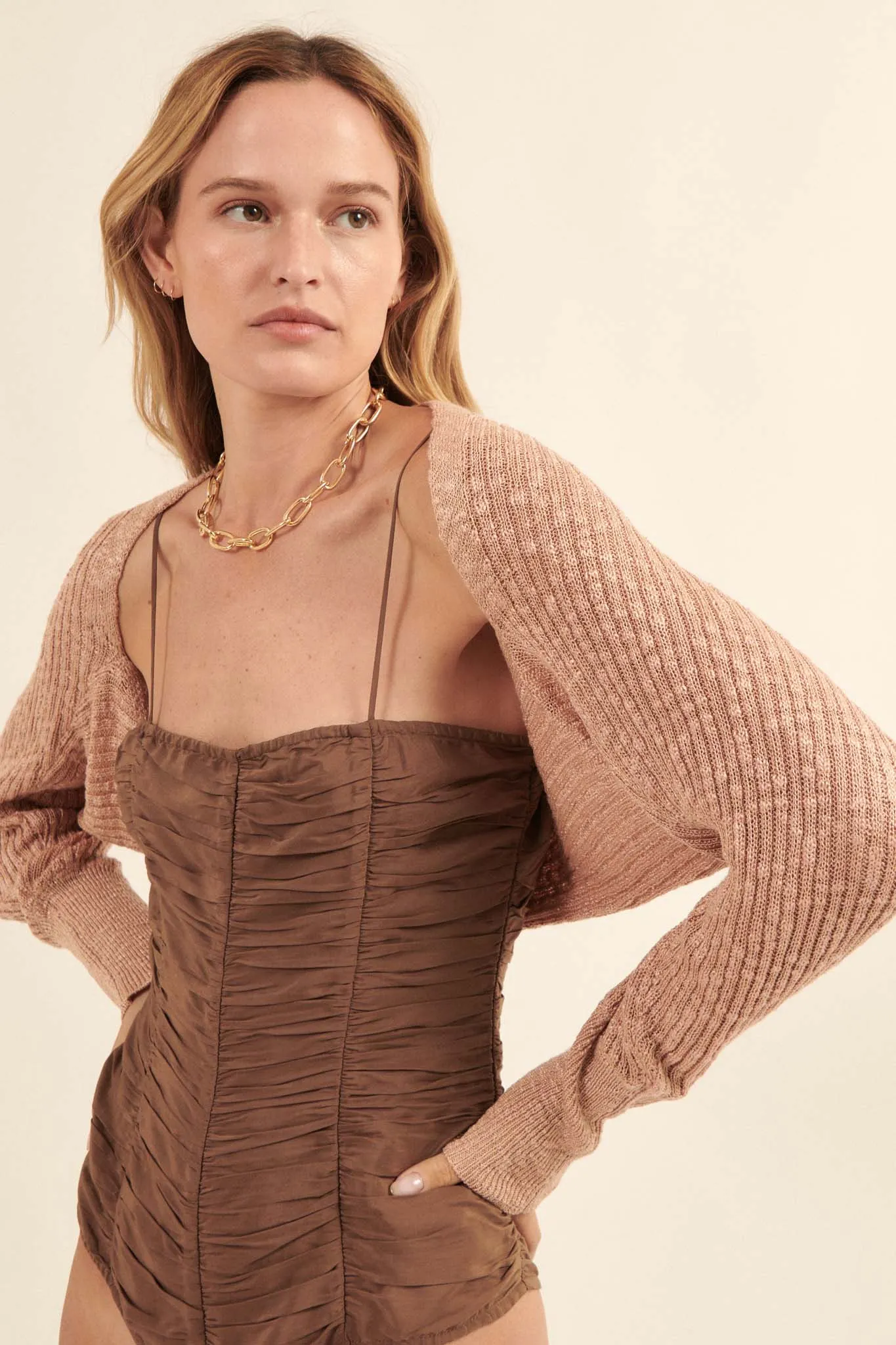 Graceful Spirit Textured Rib-Knit Shrug Cardigan