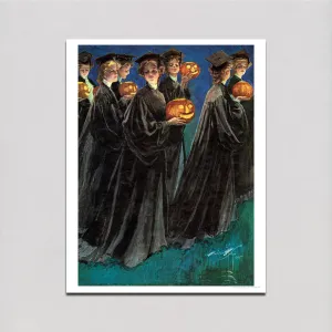 Graduating Girls with Jack-O-Lanterns - Halloween Art Print