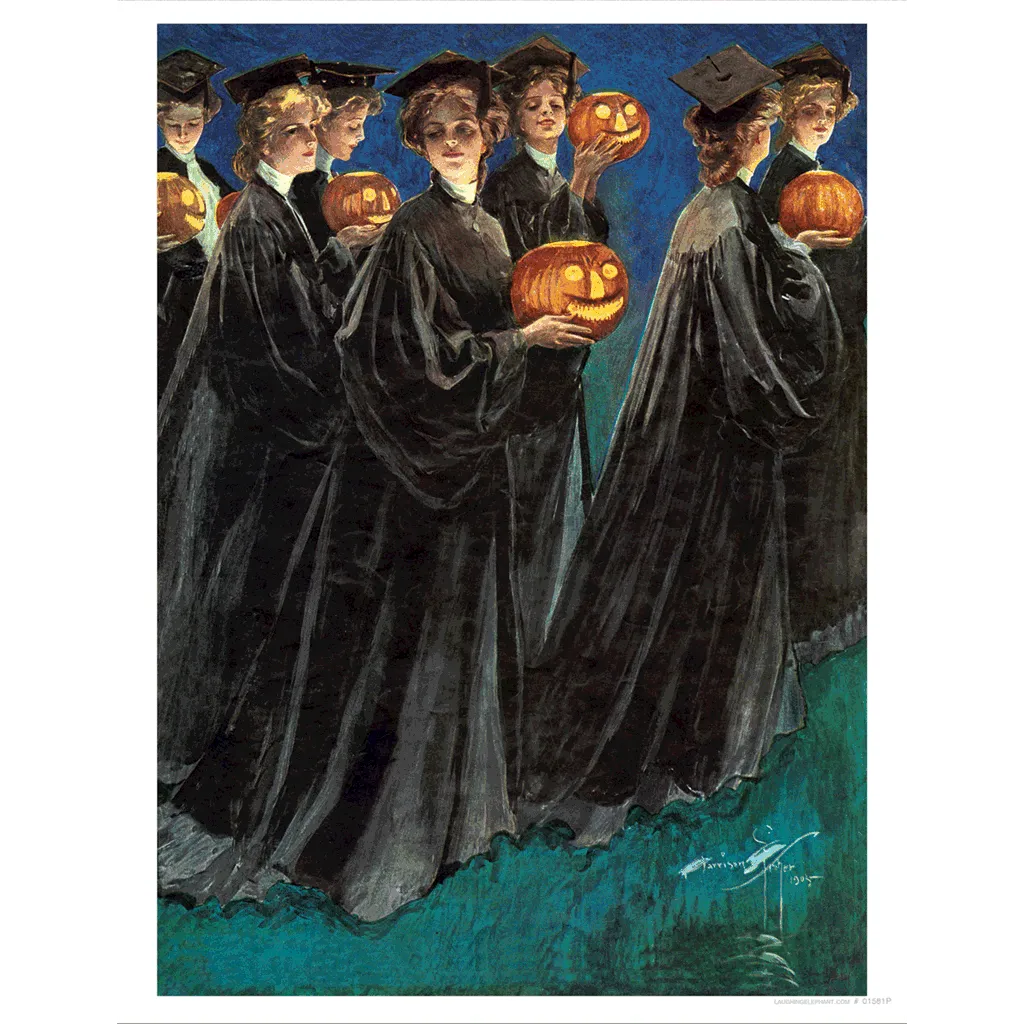 Graduating Girls with Jack-O-Lanterns - Halloween Art Print