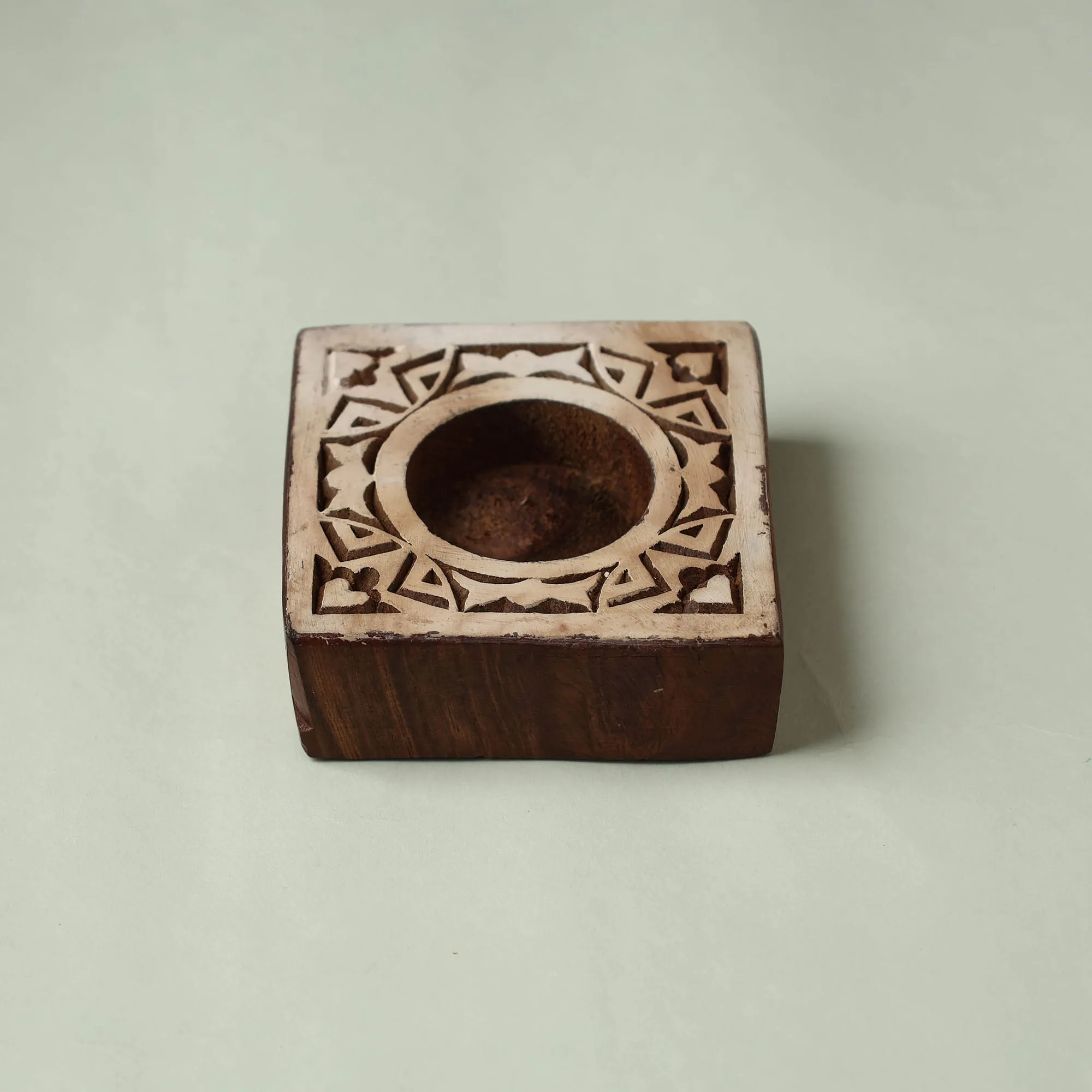 Hand Carved Sheesham Wood Block Tealight Candle Holder 90