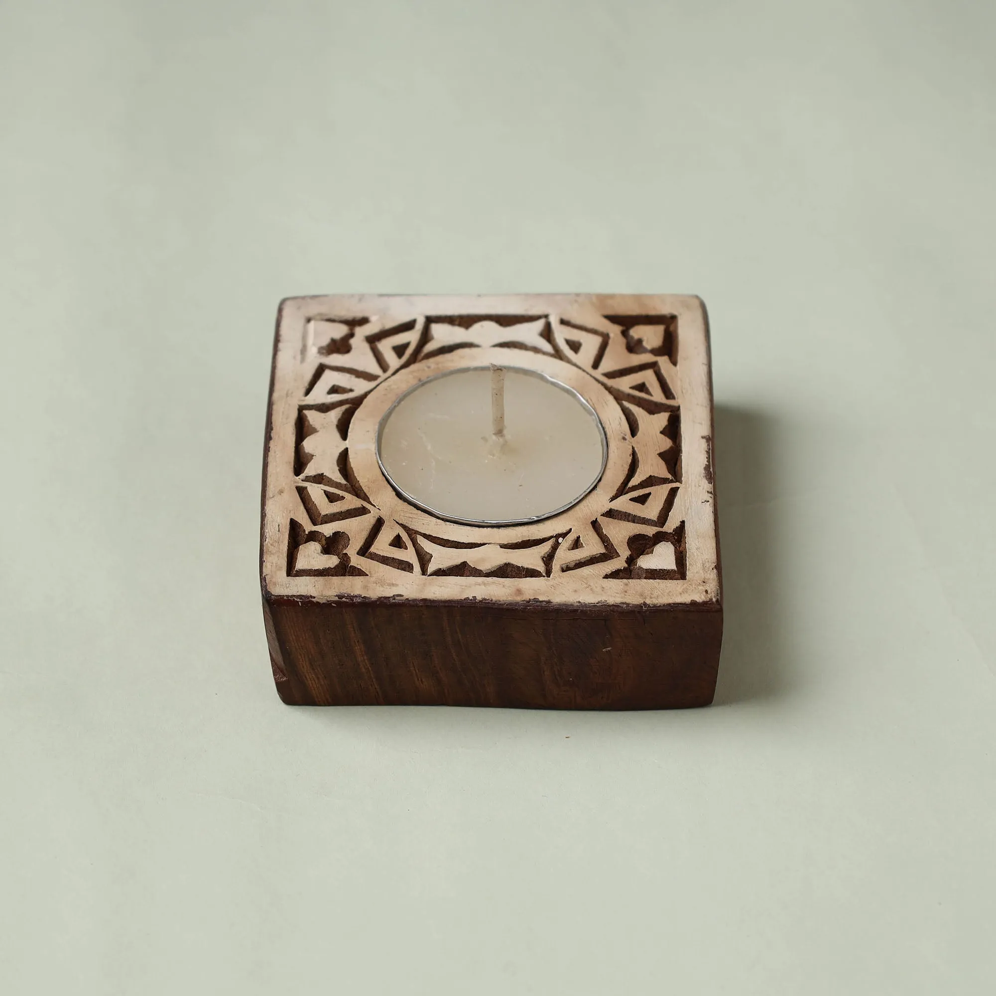 Hand Carved Sheesham Wood Block Tealight Candle Holder 90