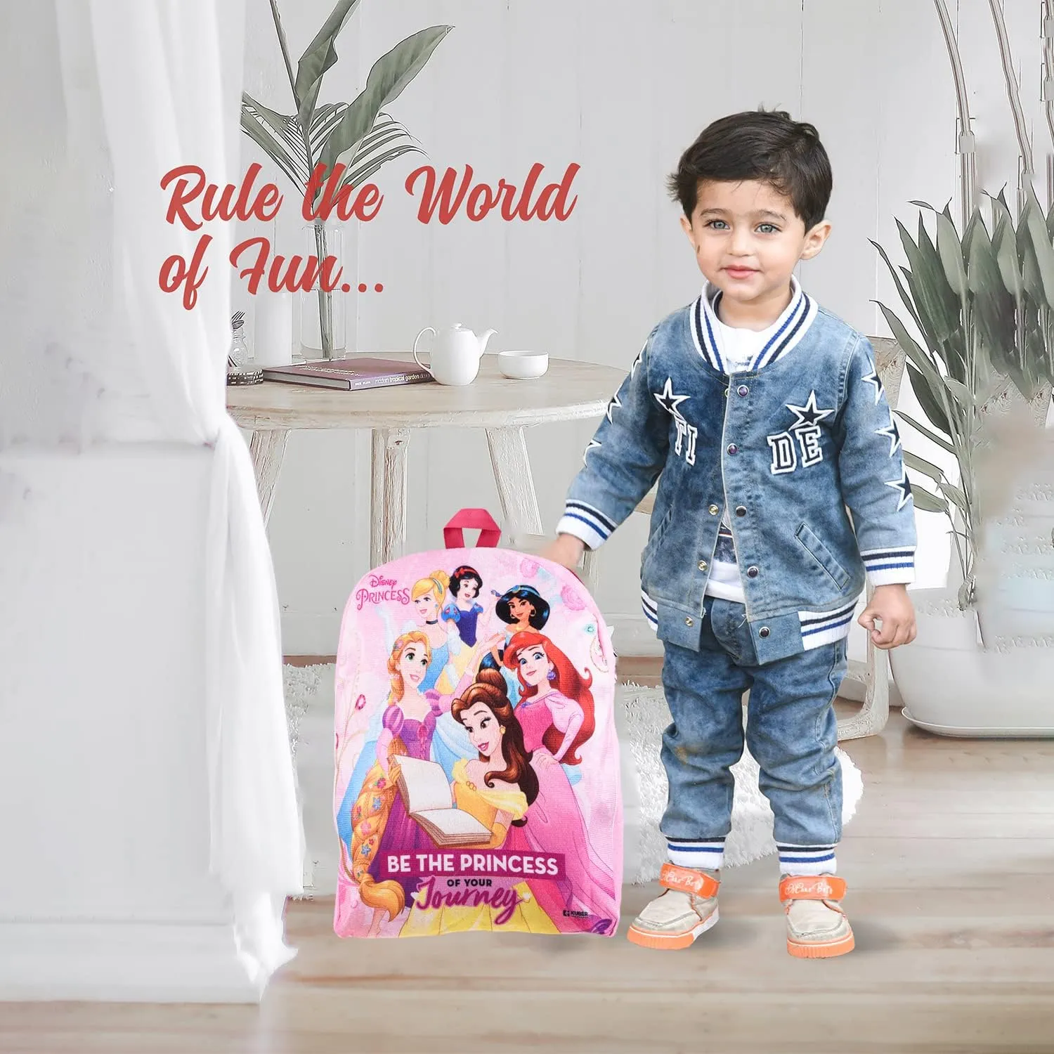 Heart Home Disney Princess Backpack | 2 Compartment Velvet School Bag | School Bag for Kids | Kids School Backpack | Backpack for School | Pink