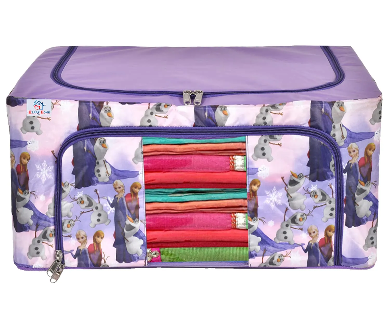 Heart Home Doll Print Steel Frame Living Box, Closet Organizer, Cloth Storage Boxes for Wardrobe With Clear Window, 44Ltr. (Purple) 54HH4097.