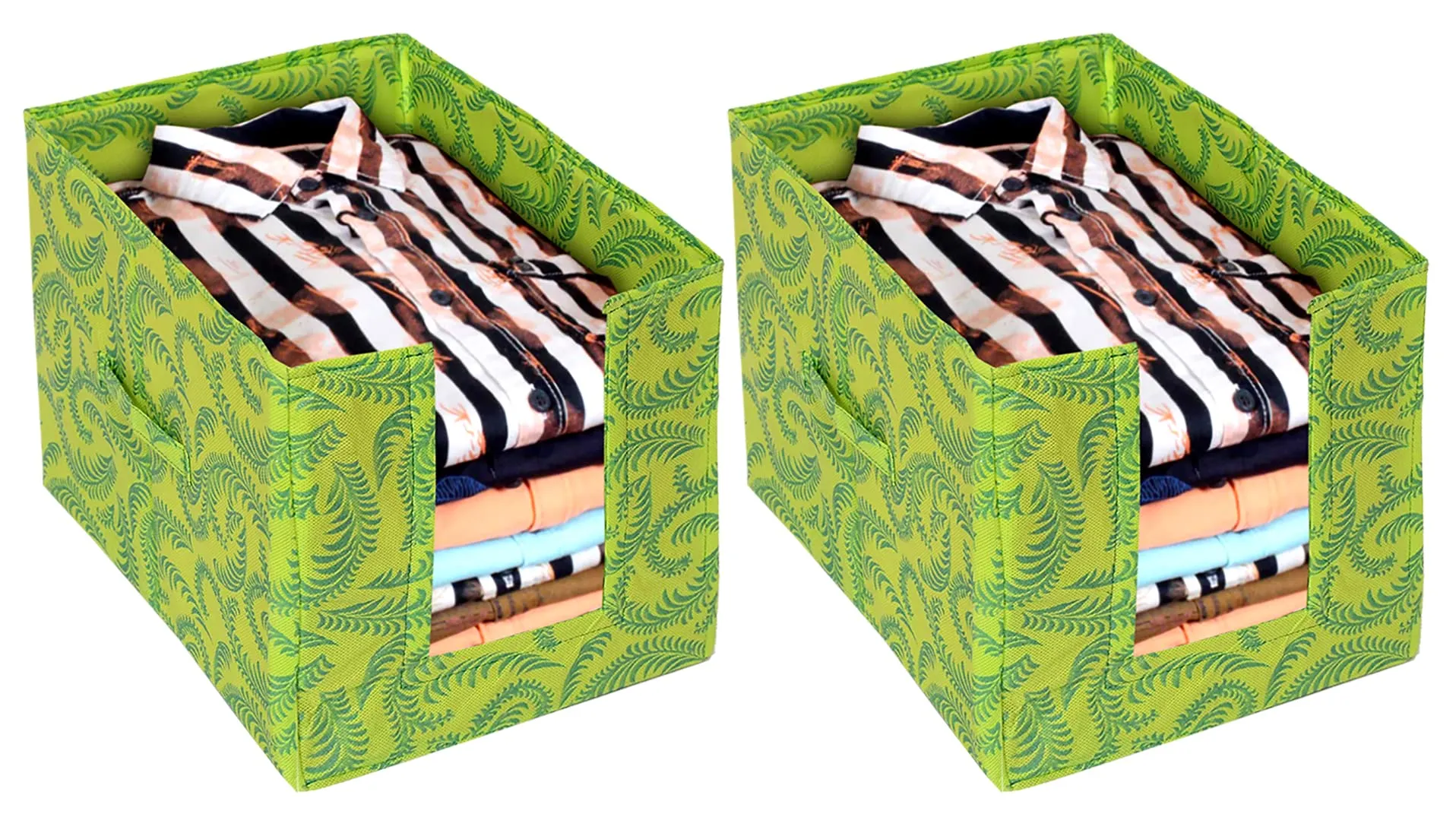 Heart Home Leaf Printed Non-Woven Foldable Shirt Stacker Closet Organizer With Handles- Pack of 2 (Green)-HS43HEARTH26468