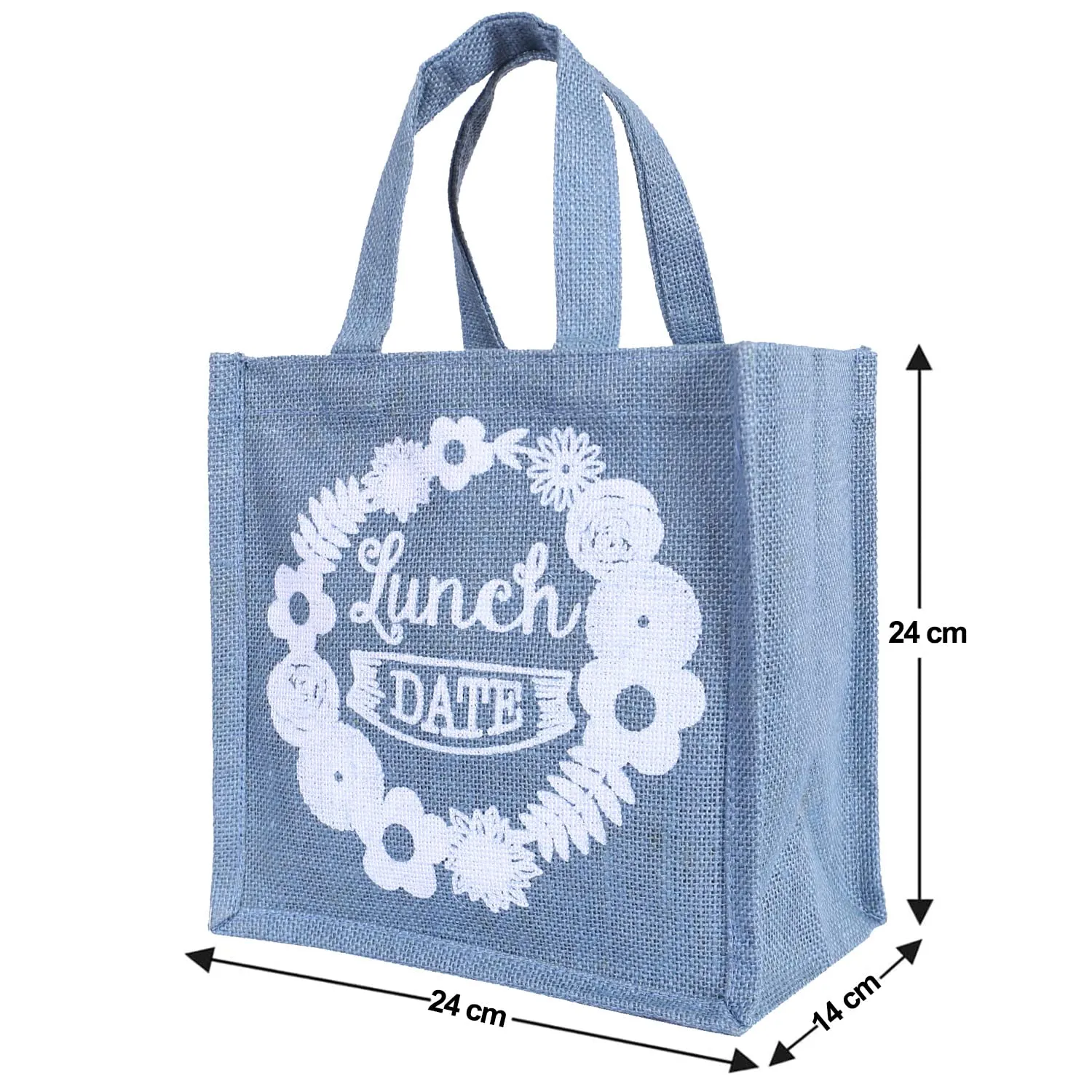 Heart Home Lunch Bag|Reusable Jute Fabric Tote Bag|Lunch Date Print Tiffin Carry Hand Bag with Handle for Office,School,Gift,Pack of 4 (Gray)