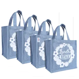 Heart Home Lunch Bag|Reusable Jute Fabric Tote Bag|Lunch Date Print Tiffin Carry Hand Bag with Handle for Office,School,Gift,Pack of 4 (Gray)