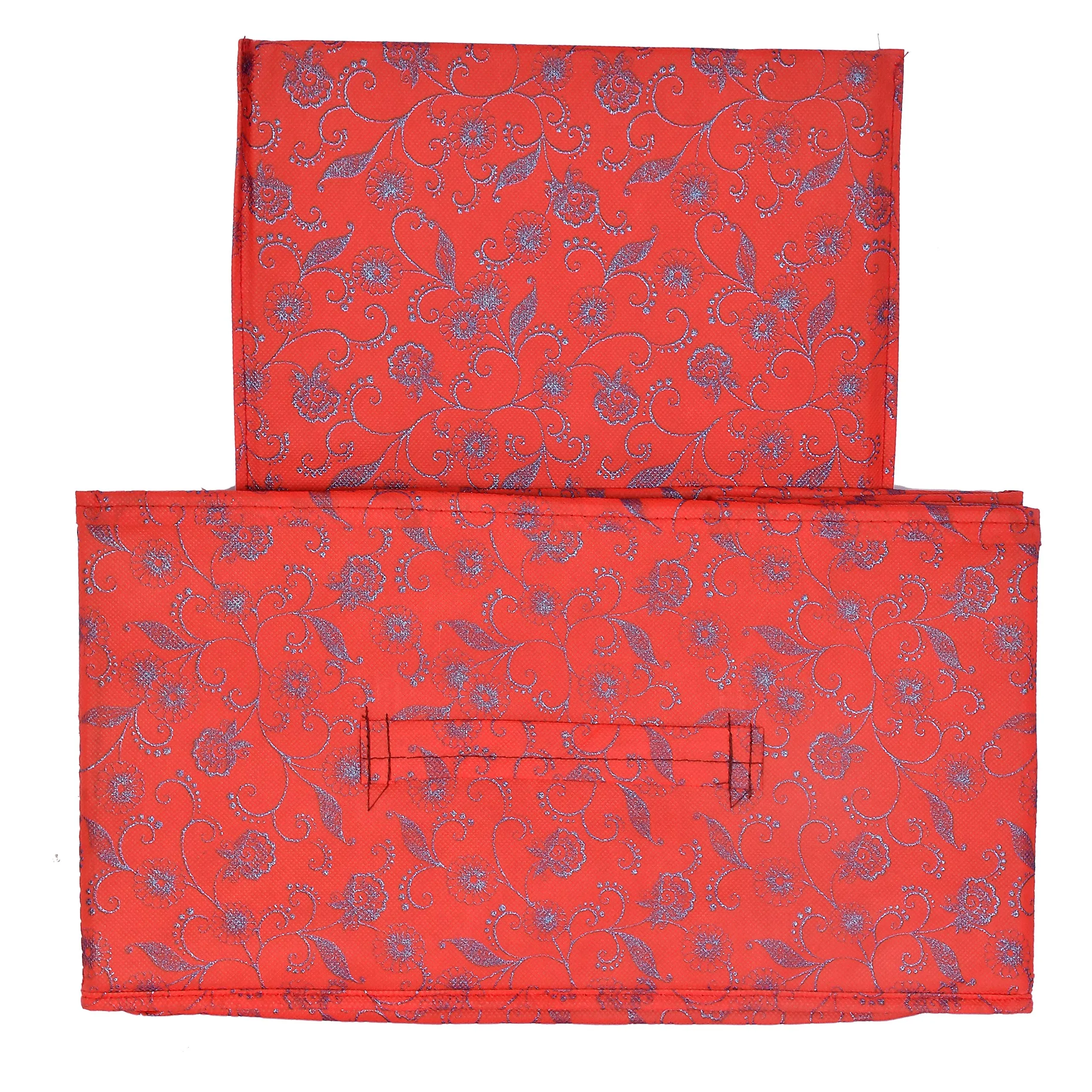 Heart Home Metalic Floral Print Non Woven Fabric 4-Replacement Drawer Storage and Cloth Organizer Unit for Closet (Red)- HEART7451