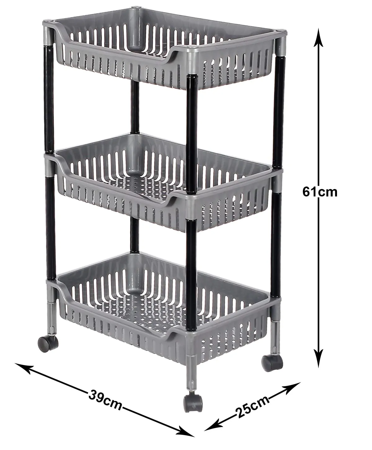 Heart Home Multiuses 3 Tier Square Plastic Storage Cart Organizer for Kitchen Laundry Room Bathroom Office With Wheels (Grey) -46HH0562