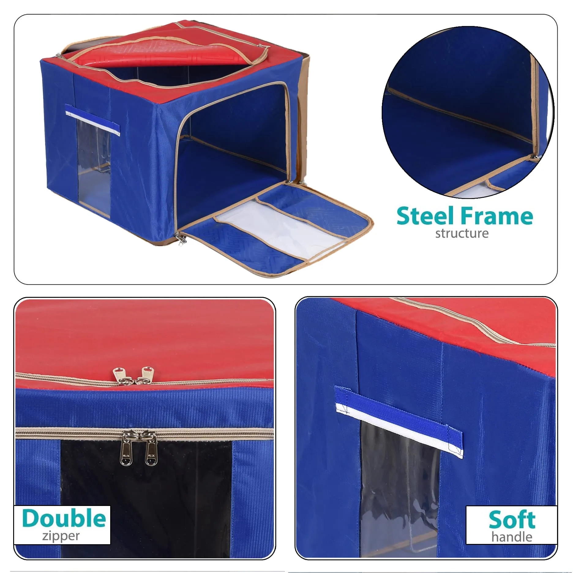 Heart Home Steel Frame Living Box, Closet Organizer, Cloth Storage Boxes for Wardrobe With Clear Window, 44Ltr. (Red & Blue)-44HH0298