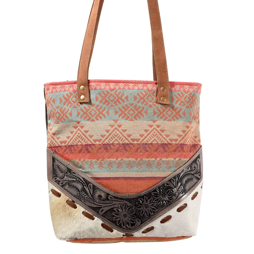 KB376 - KB376 -TOTE Hand Tooled Saddle Leather and Upcycled Canvas Ladies Bag Standard KB376 - KB376