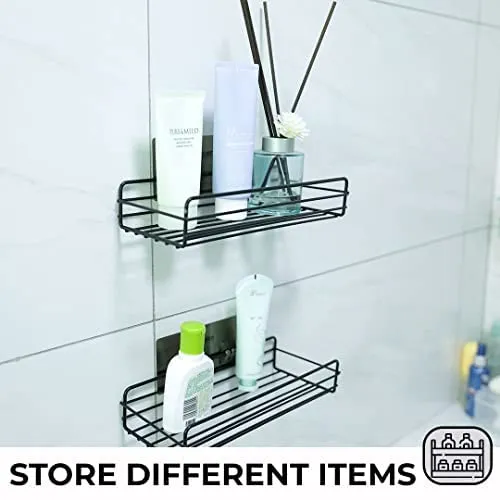 Kuber Industries Stainless Steel Bathroom & Kitchen Organizer Rack|Multipurpose Wall Shelves Non-Toxic|Storage Racks & Shelves for Bathroom & Kitchen|HR-14|Set of 2|Black (Pack of 3)