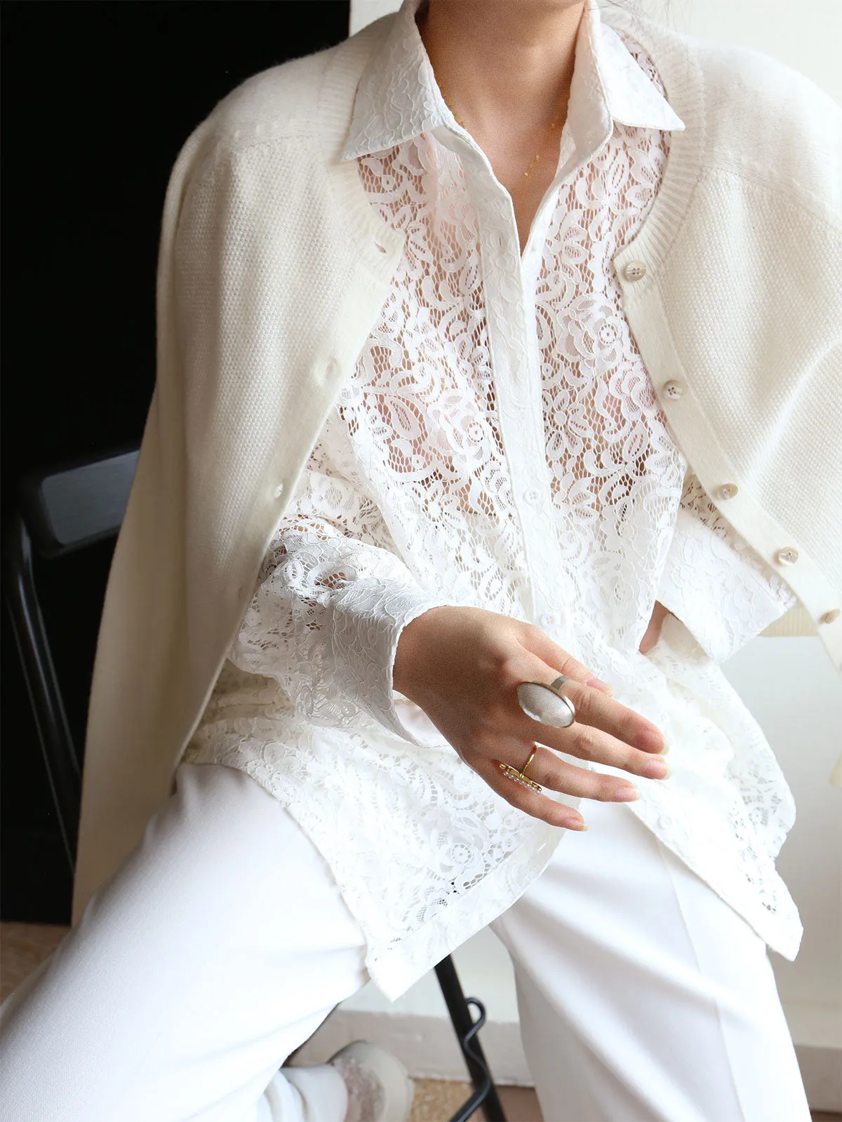 Lace Semi-sheer Graceful Collared Shirt