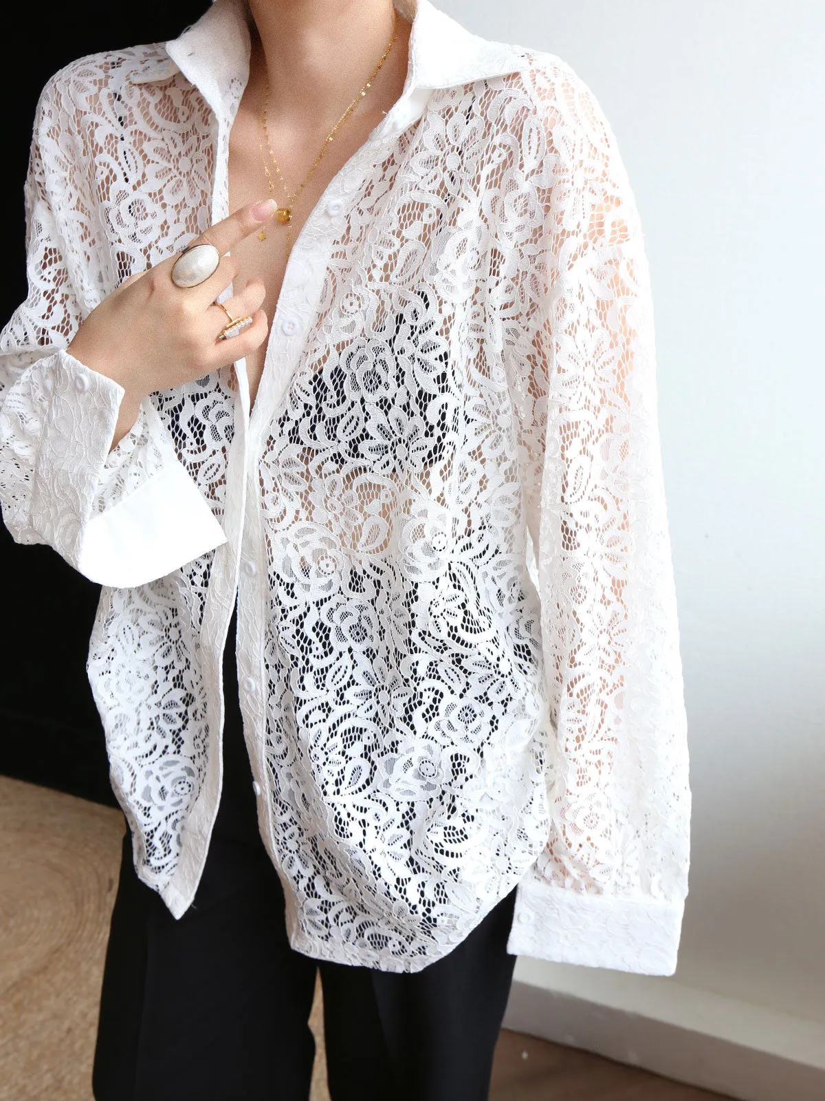 Lace Semi-sheer Graceful Collared Shirt