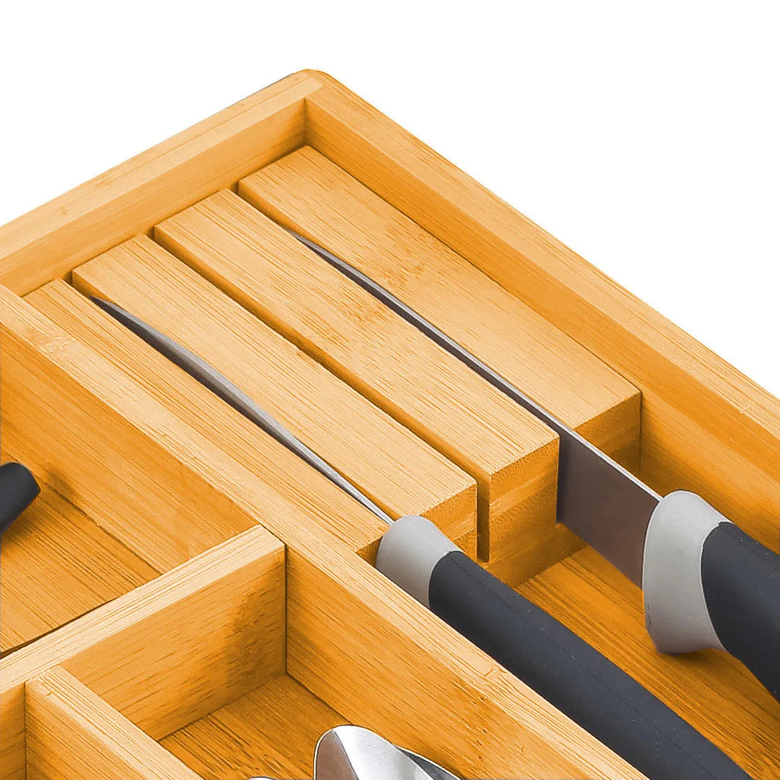 Large Bamboo Expandable Drawer Organizer with Knife Block