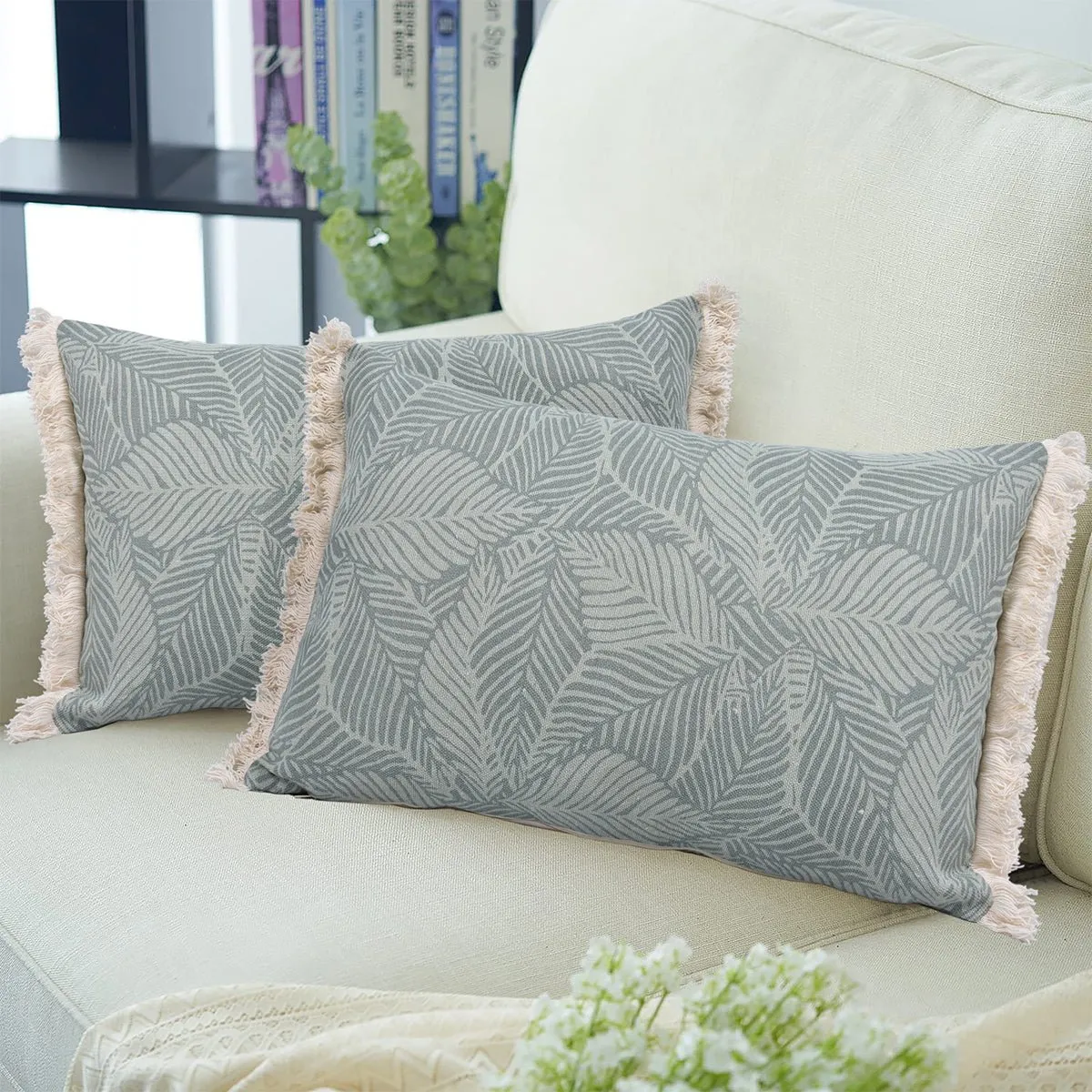 Leafy Serenity Printed Lumbar Cushion Cover - Set of 2