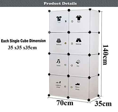 Lukzer Waterproof 8 Cube Storage Rack Multi-Purpose Wardrobe DIY Closet for Clothes Toys Shoes Bedroom Organizer Kids Room Décor 140 x 70 x 35 cm (White)