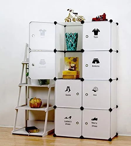 Lukzer Waterproof 8 Cube Storage Rack Multi-Purpose Wardrobe DIY Closet for Clothes Toys Shoes Bedroom Organizer Kids Room Décor 140 x 70 x 35 cm (White)