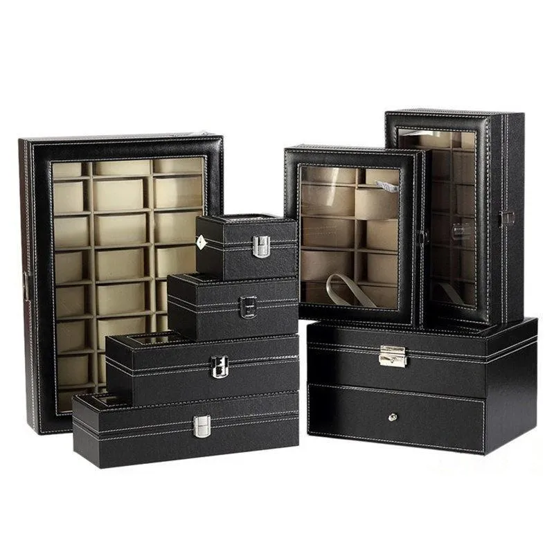 Manfredi Black Leather Watch Box Organizer 2-12 Slots