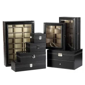 Manfredi Black Leather Watch Box Organizer 2-12 Slots