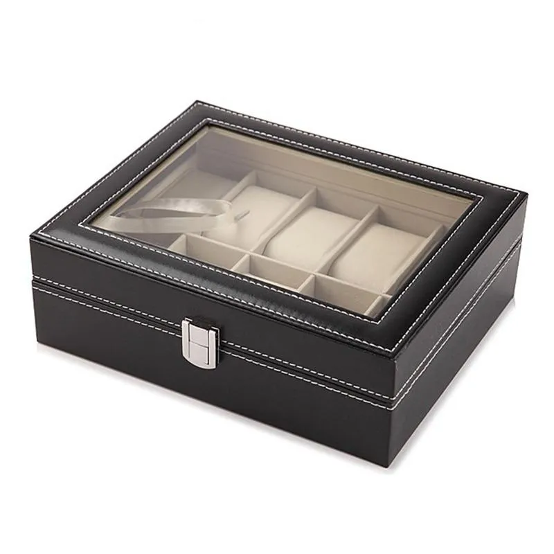 Manfredi Black Leather Watch Box Organizer 2-12 Slots