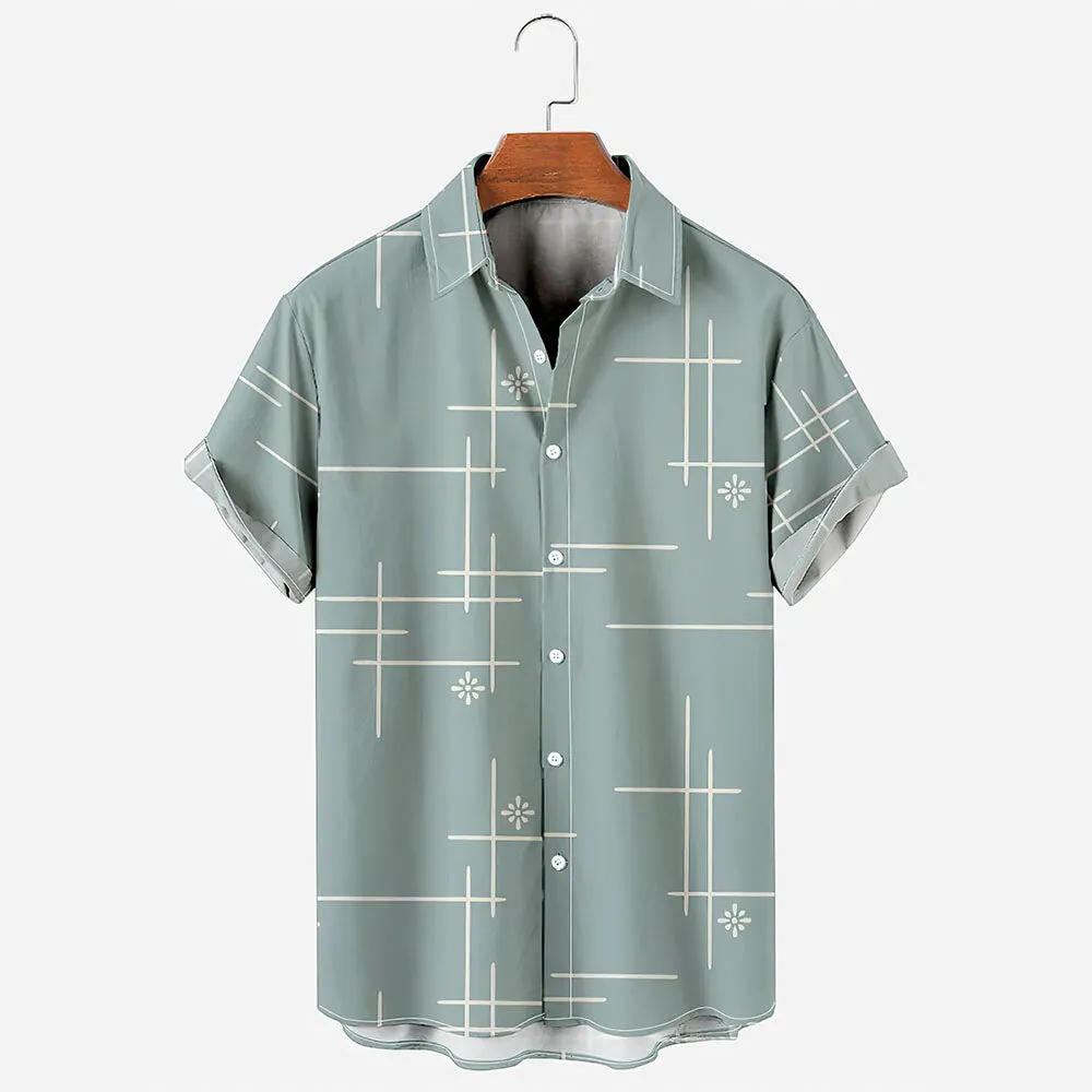 Men's Casual Line Drawing Short-Sleeved Hawaiian Shirts Vintage Hawaiian Shirt for Men