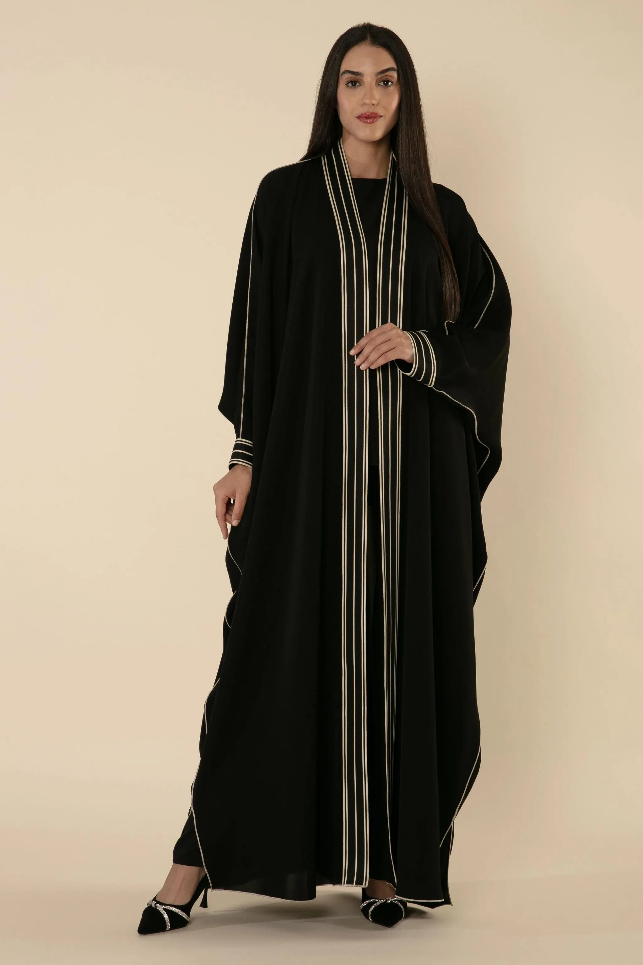 MIDNIGHT HARMONY: BLACK ABAYA WITH RIBBON DETAILING