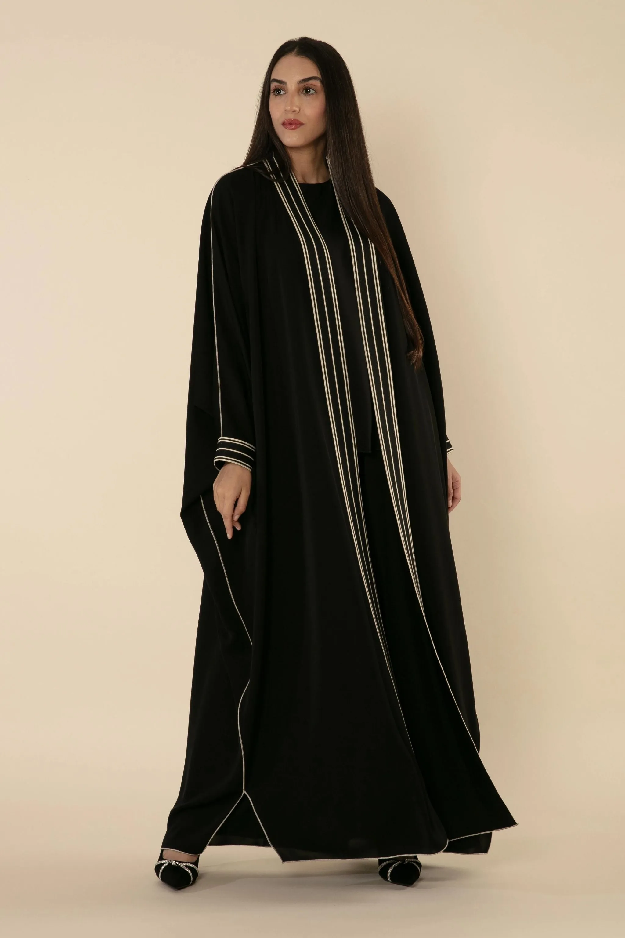 MIDNIGHT HARMONY: BLACK ABAYA WITH RIBBON DETAILING