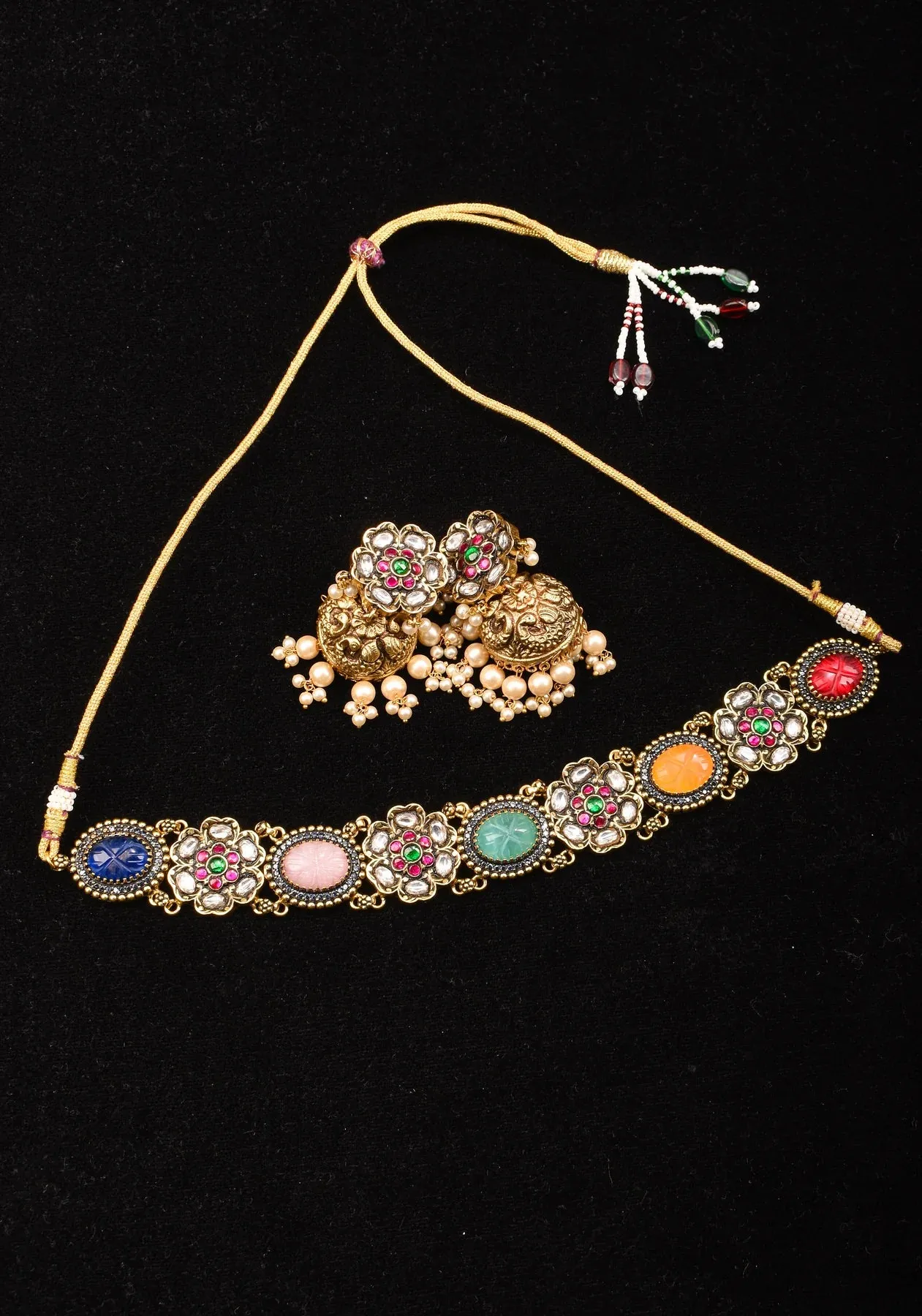 Multicolor Stones Contemporary Choker Set with Jhumka Earrings