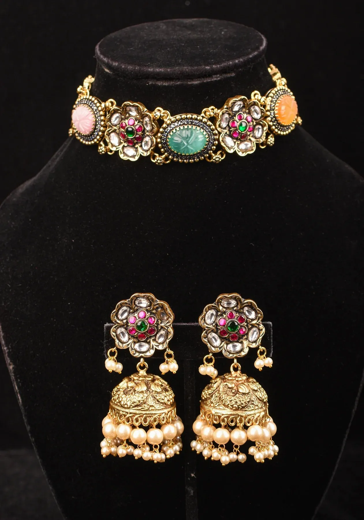 Multicolor Stones Contemporary Choker Set with Jhumka Earrings