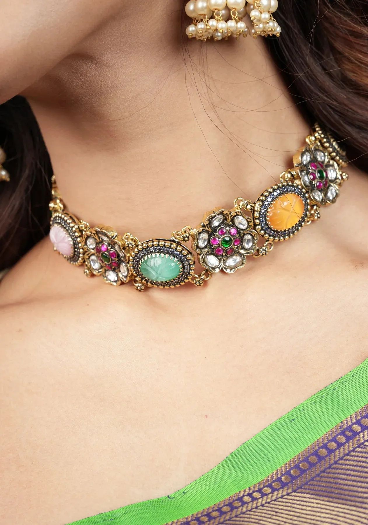 Multicolor Stones Contemporary Choker Set with Jhumka Earrings