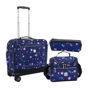 Navy Flower School Bag Trolley Set of 4(Lunch Bag & Pencil Case) Lunch Box