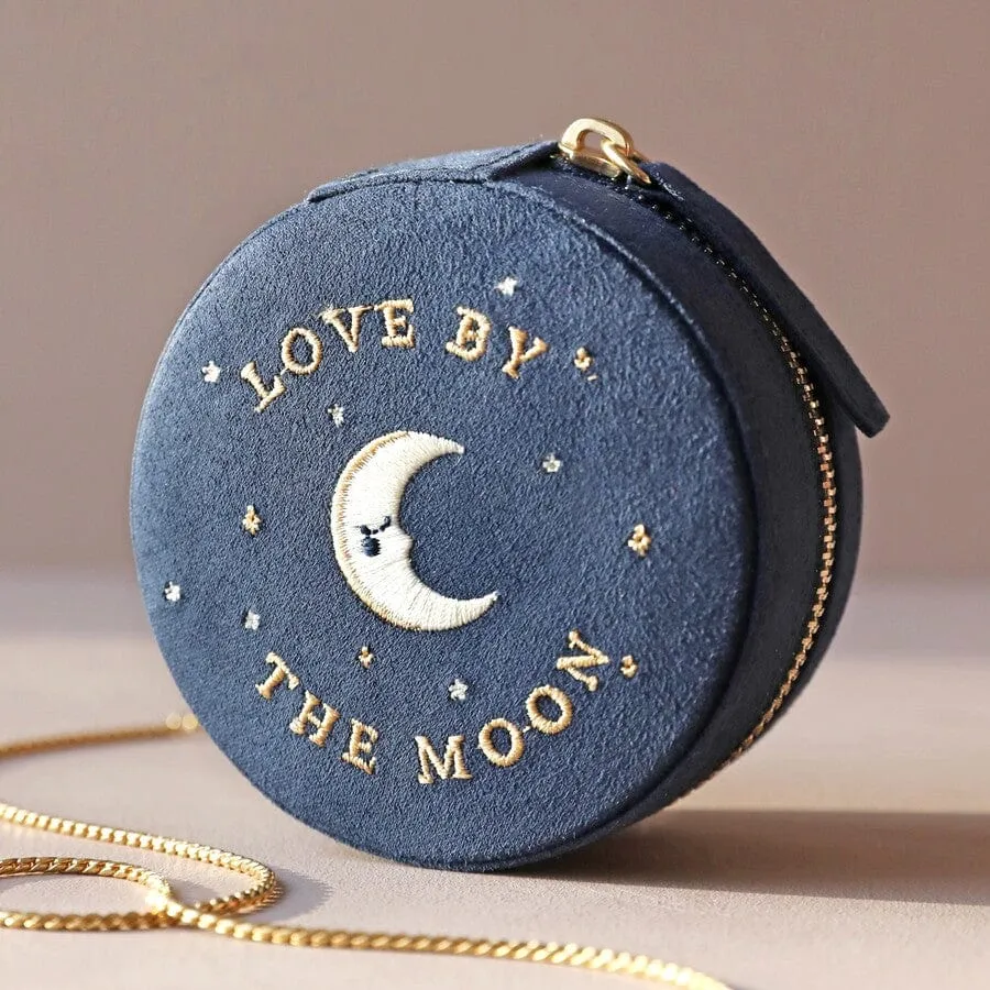 Navy Sun and Moon Embroidered Round Jewelry Box