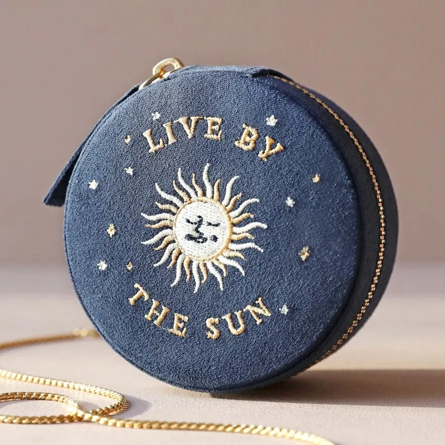 Navy Sun and Moon Embroidered Round Jewelry Box