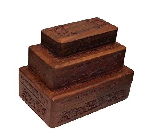 OM SHRI OM Set of 3 Pieces Handmade Wood Jewelry Box Organizer Decorative Floral Design