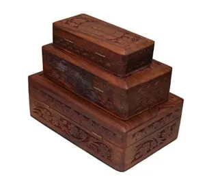 OM SHRI OM Set of 3 Pieces Handmade Wood Jewelry Box Organizer Decorative Floral Design