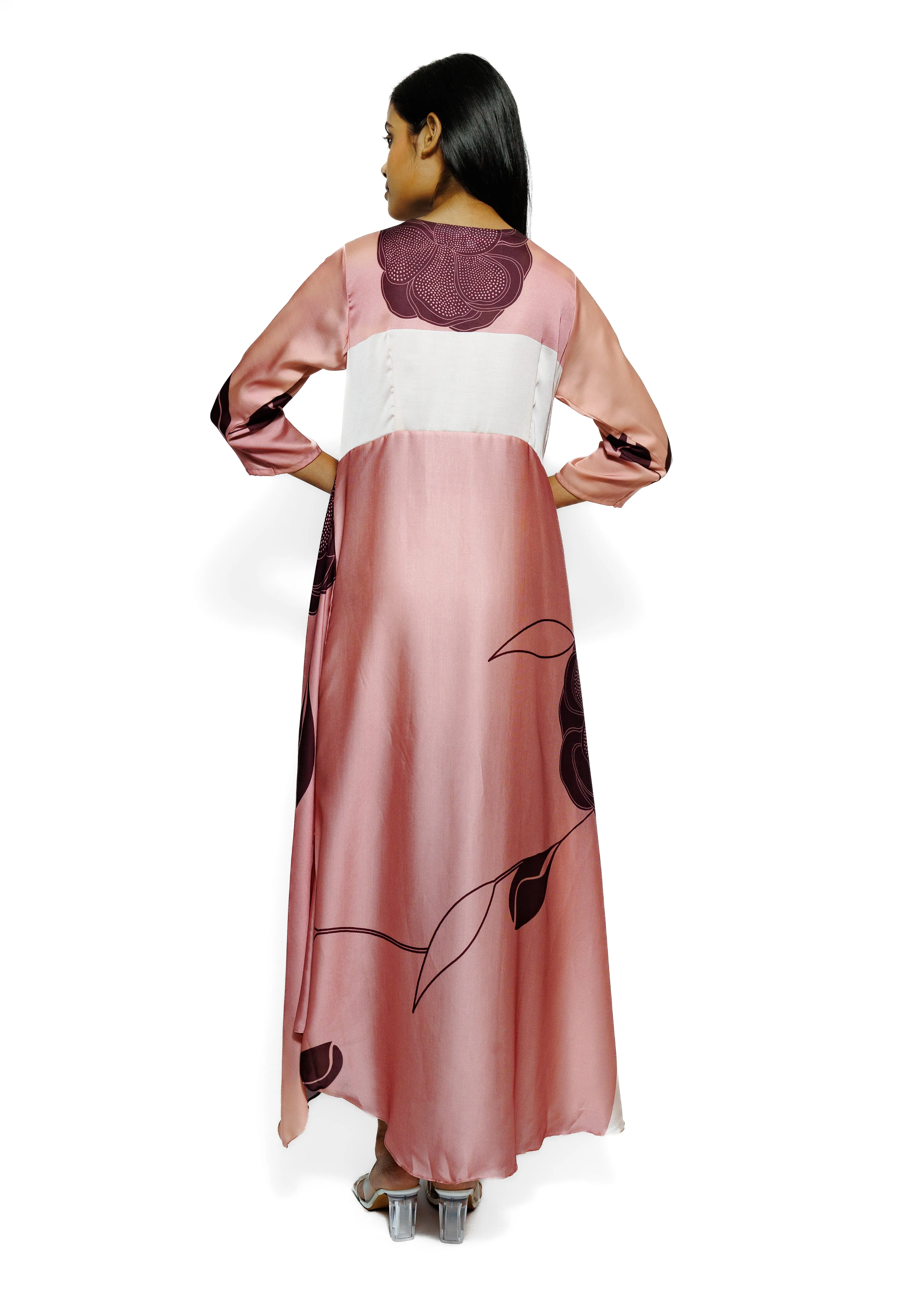 Peach Floral Printed Cotton Satin Silk Cowl Dress