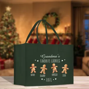 Personalized Grandma's Favorite Cookies Grandkid Names and Year Christmas Cotton Canvas Tote Bag Custom Xmas Eve Gift Holiday Gift (CT1058)