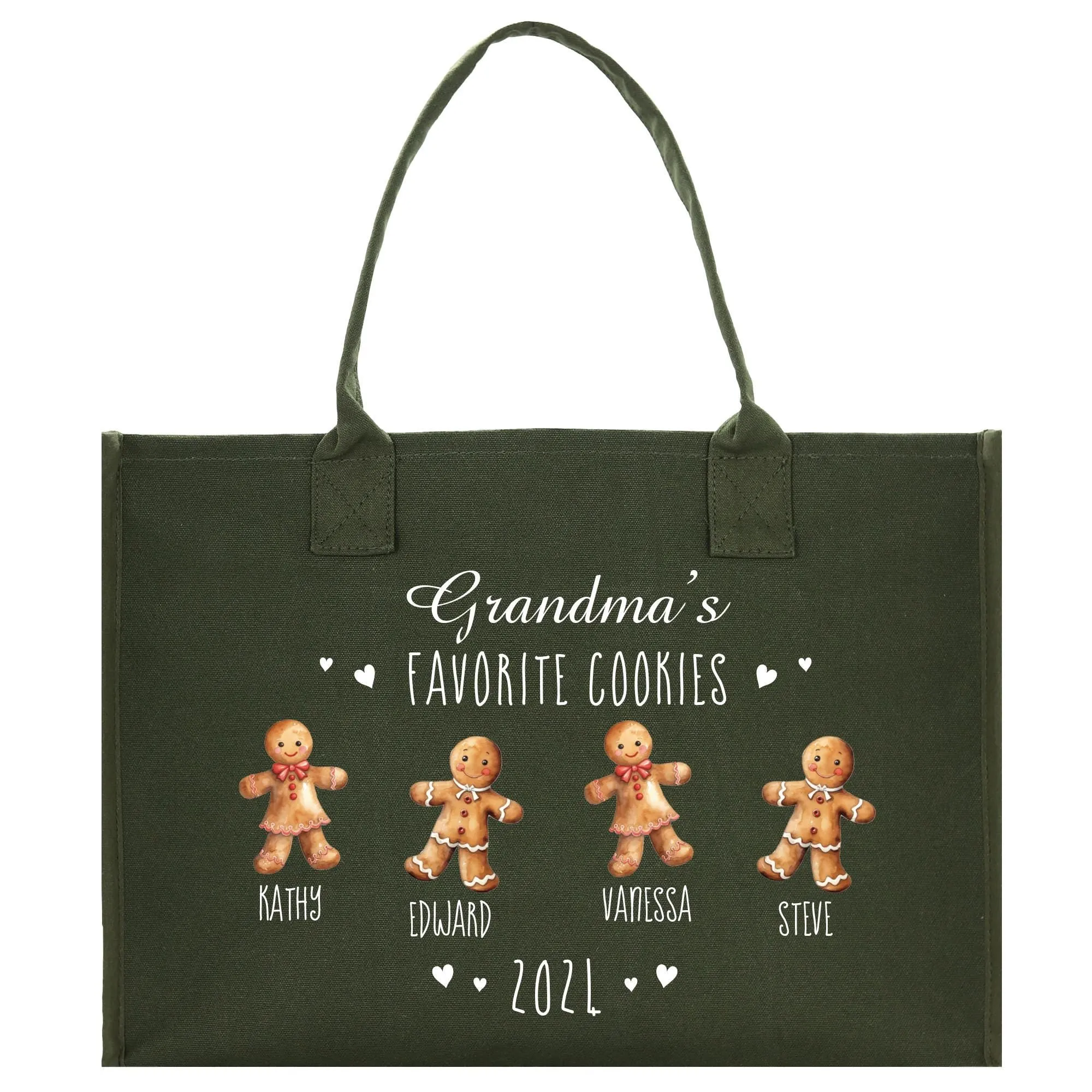 Personalized Grandma's Favorite Cookies Grandkid Names and Year Christmas Cotton Canvas Tote Bag Custom Xmas Eve Gift Holiday Gift (CT1058)