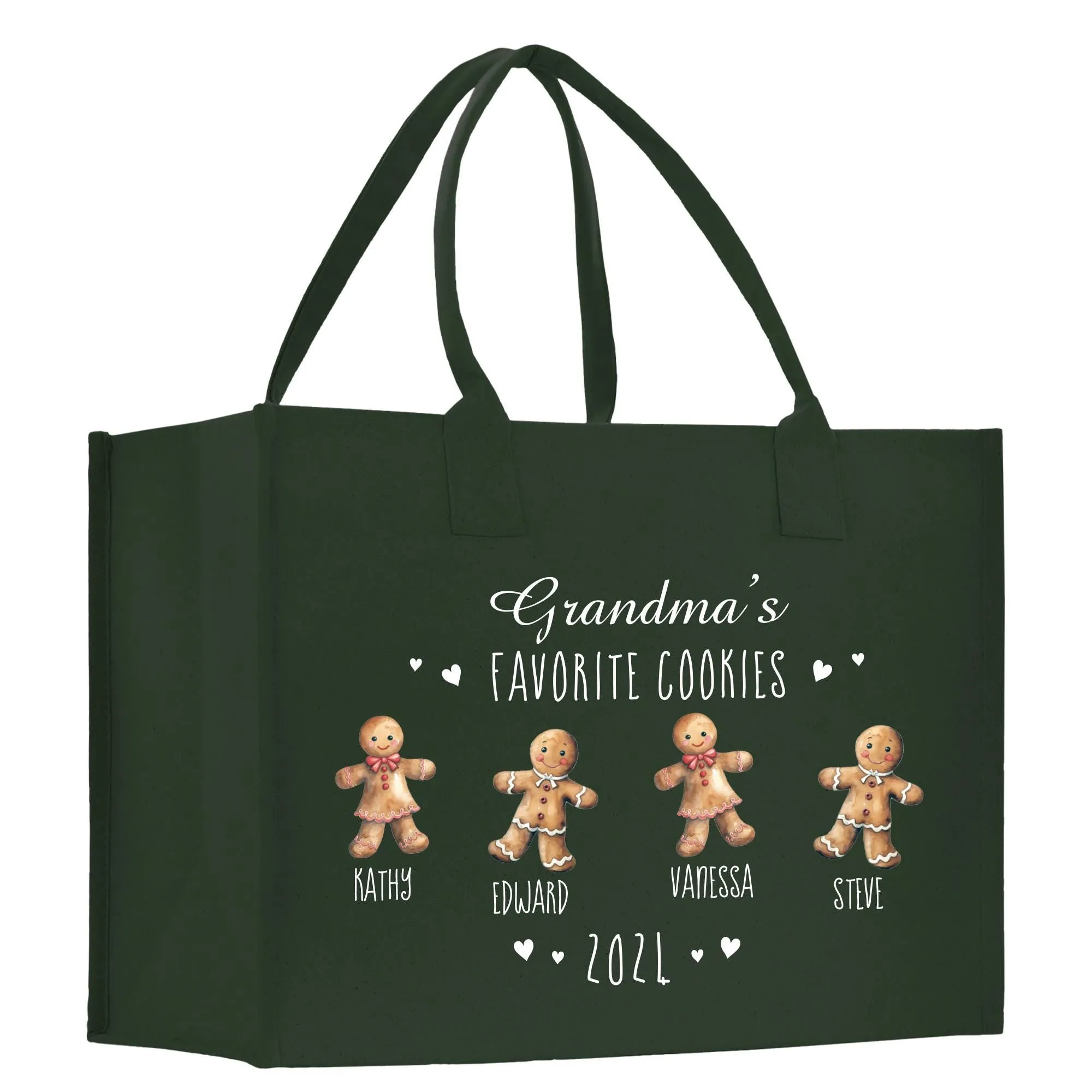 Personalized Grandma's Favorite Cookies Grandkid Names and Year Christmas Cotton Canvas Tote Bag Custom Xmas Eve Gift Holiday Gift (CT1058)