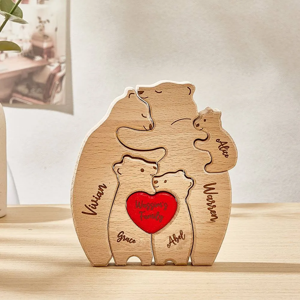 Personalized Wooden Hug Bears Custom Family Member Names Puzzle Home Decor Gifts