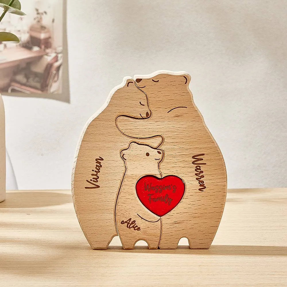 Personalized Wooden Hug Bears Custom Family Member Names Puzzle Home Decor Gifts