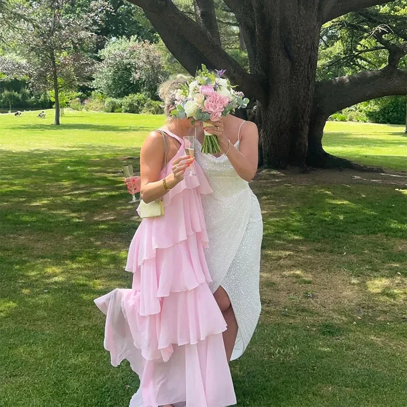 Pink Pleated Stylish Halter Maxi Dress