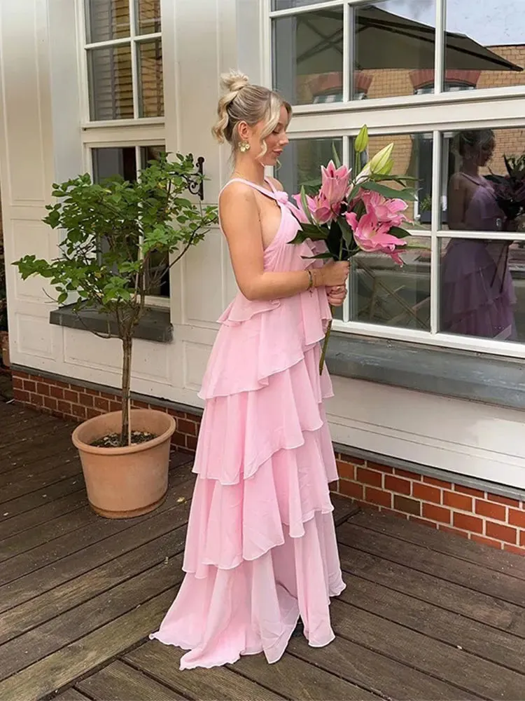 Pink Pleated Stylish Halter Maxi Dress