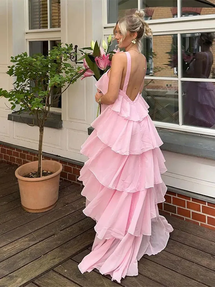 Pink Pleated Stylish Halter Maxi Dress