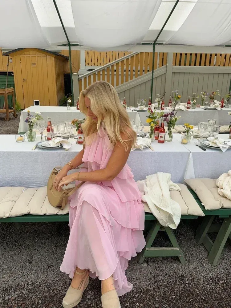 Pink Pleated Stylish Halter Maxi Dress