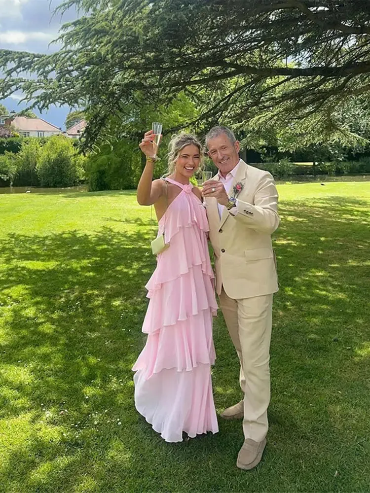 Pink Pleated Stylish Halter Maxi Dress