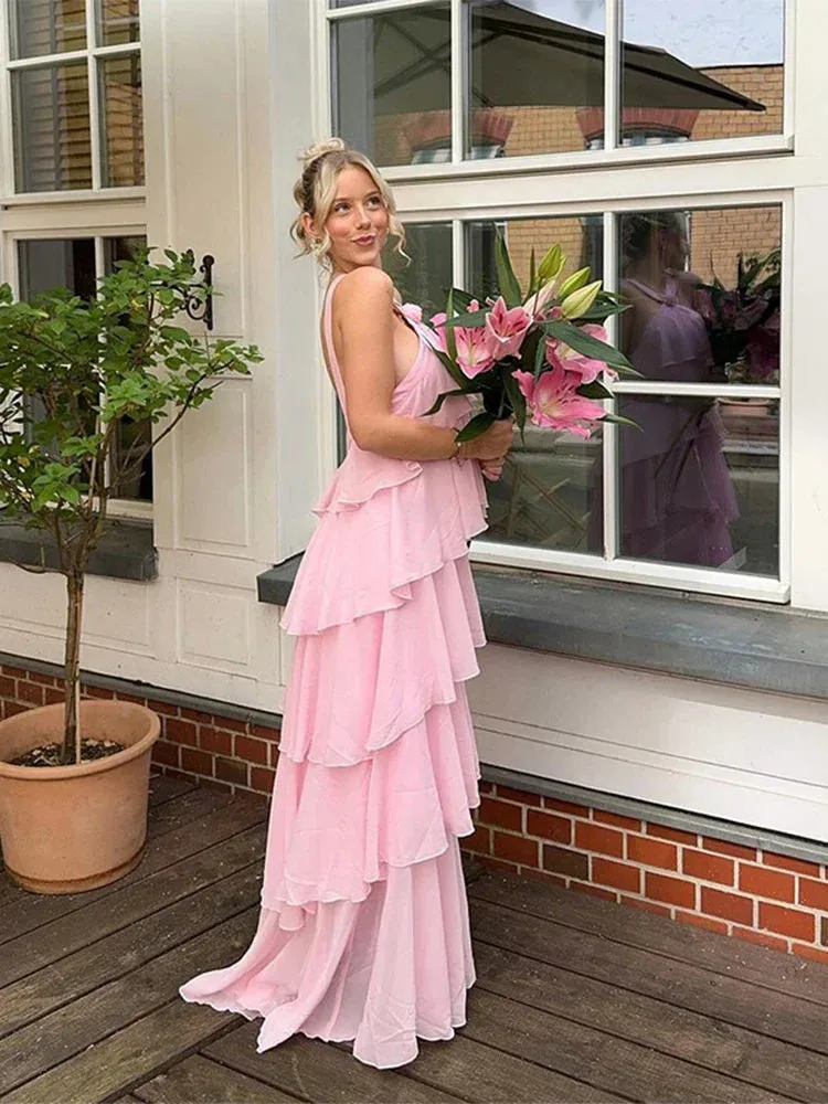 Pink Pleated Stylish Halter Maxi Dress