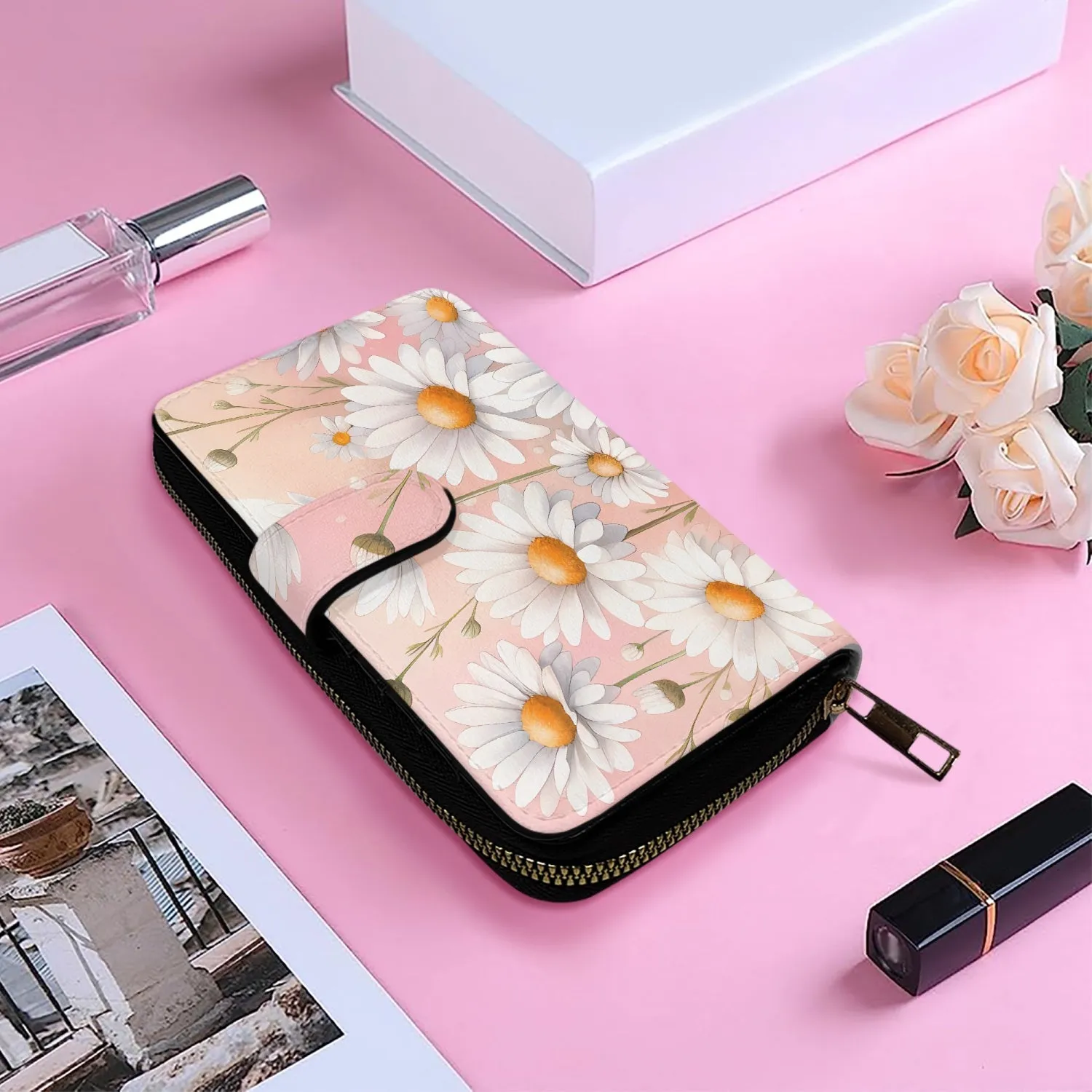 Pink with White Flowers | Long Leather Wallet